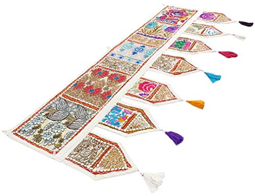 Eyes of India - 101,6 cm weißer Fenster-Türvolant Toran Patchwork Wandbehang indischer böhmischer Akzent Boho Chic dekorativ handgefertigt