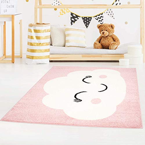 carpet city Kinderzimmer Teppiche Wolken Motiv Rosa 80x150 cm Glanzgarn Flachflor Babyzimmer