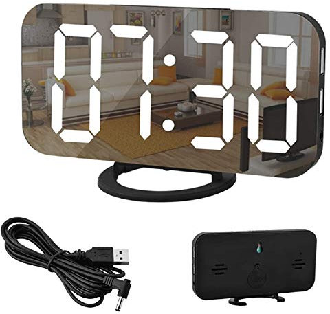 Réveil Numérique, Miroir Réveil Grand écran à Del de 6,5 Po avec Mode de Variation de la Luminosité, Luminosité Réglable, 2 Ports de Charge USB, Gros Bouton Snooze pour à Home Decor Noir