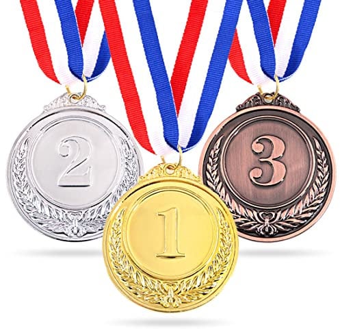 Swpeet Lot de 3 médailles de récompense en métal doré et argenté avec ruban, style olympique pour événements, salles de classe, jeux de bureau et sports – 1ère, 2e et 3e place (médailles de récompense
