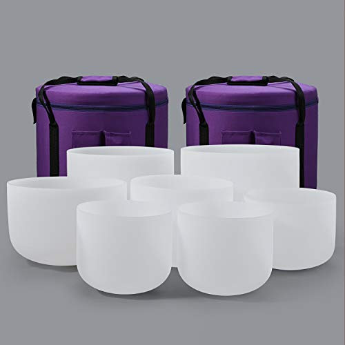 CVNC 432HZ 7-12 Inch Set of 7 Pcs Frosted Quartz Crystal Singing Bowls Set with 2 Pcs Carry Case Bags for Sound Healing Meditation