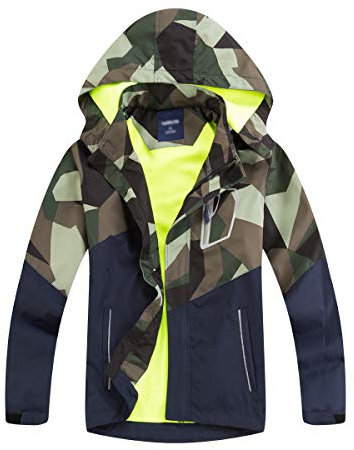 LAUSONS Manteaux Imperméables Enfant Camouflage Blouson Randonnée Garçon Coupe Vent Doublé Polaire avec Capuche Vert Militaire 12-13 Ans / 160cm