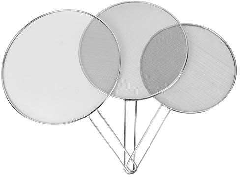 3Pcs Stainless Steel Splatter Screen Guards Mesh Oil Strainer for Frying Pans Pots Skillets - Anti-Grease Splash Guard with Ergonomic Feet, Easy to Clean, Dishwasher Safe - Sizes 25Cm 30Cm 33Cm