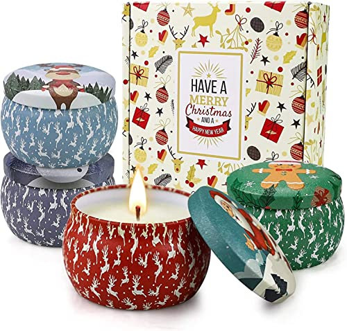 4 Stück Weihnachtsduftkerzen, Aromatherapie-Kerzen aus natürlichem Sojawachs, Geschenkset für Weihnachten, niedliche Deko-Kerzen, 5,65 oz Duftkerzen