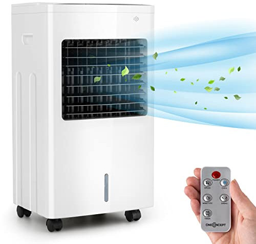 OneConcept Luftkühler mit Wasserkühlung, 3-in-1 Raumkühler, Luftbefeuchter & Ventilator, Mobile Klimageräte, Luftkühler mit 4 Kühlakkus, 3 Modi & Timer, 75 W Air Cooler mit 400 m³/h Luftstrom