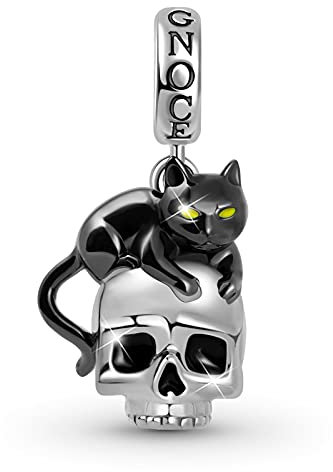 GNOCE Chat Noir Avec Tête De Mort Pendentif Breloques En Argent Sterling 925 Tête De Mort Perles Breloque Pour Bracelet/Collier Bijoux Pour Femmes Filles Fille