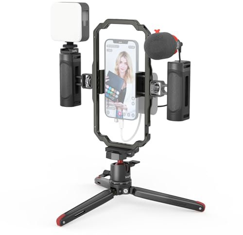 SMALLRIG Universal Phone Video Rig Kit für iPhone, Smartphone und Kameras, Telefonstabilisator-Rig mit Stativmikrofon, LED-Licht, seitlichem Griff, Powerbank-Halterung, für Vlogging – 3384C