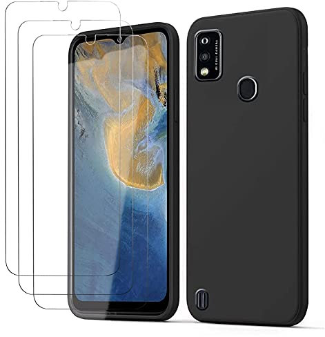 TLING Funda para ZTE Blade A51 con 3 Pack HD Cristal Protector de Pantalla, Protección de Silicona TPU Antichoque - Negro