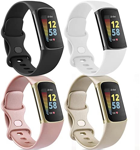 4-Pack Straps Compatible With Fitbit Charge 6 / 5, Soft Silicone Sport Replacement Band, Small Large (4 Pack A, Large)