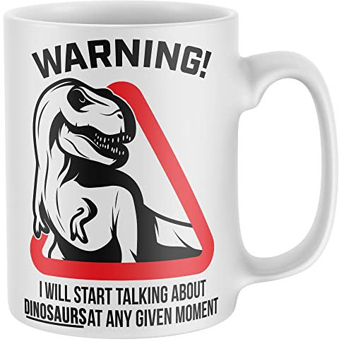 Purple Print House Warning Will Talk About Dinosaurs Mug, Funny Coffee Cup, T Rex Gifts for Him, Dino Birthday Present Ideas For Dad or Son, One Size, White