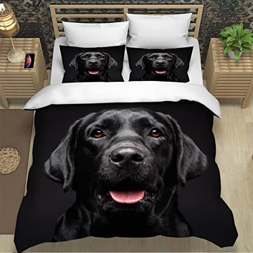Bettbezüg 155x220 Labrador Retriever 3d motiv Bettwäsche-Sets kuschelig Leicht Mikrofaser 3 Teilig Schwarzer Hund Bettwäsche versteckter Reißverschluss mit 2 Kissenbezug 80x80cm für Jungen Mädchen