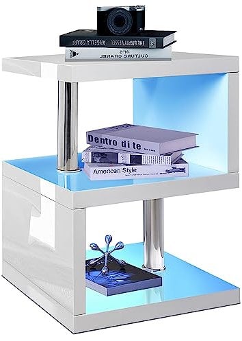 Blisswood White Side Table Small Bedside Table for Hallway, High Gloss Sofa End Table With RGB Led Lights, 2 Tier Storage Shelves Rectangle Nightstand for Living Room Bedroom