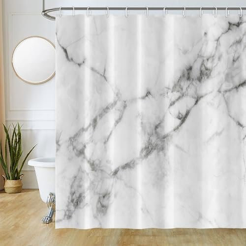 Duschvorhang Marmor Weiß, Uiiooazy Duschvorhang Grau Marmoriert Optik Duschvorhäng Anti Schimmel Wasserabweisend Polyester Stoff Waschbar Blickdicht Bad Vorhang mit 12 Haken für Badezimmer 180Bx180Hcm
