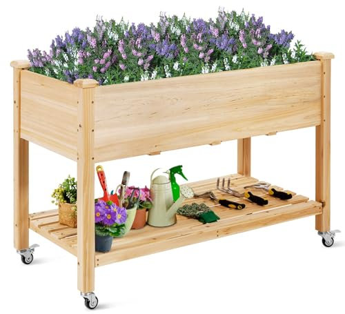 RELAX4LIFE Orto Rialzato da Esterno in Legno con Ripiano Portautensili e Ruote, Fioriera/Aiuola Rialzata da Giardino, Fioriera da Esterno per Piante, Fiori e Erba (120 x 59 x 84 cm)