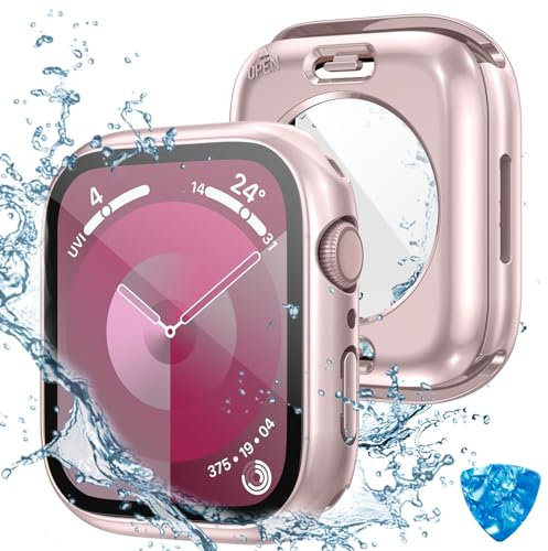 Kamita Cover Impermeabile per Apple Watch 9 8 7 41mm, Duro PC Bumper Case con Protezione Dello Schermo in Vetro Temperato, Copertura Completa Protettiva Custodia per iWatch9/iWatch8/iWatch7 (Rosa)
