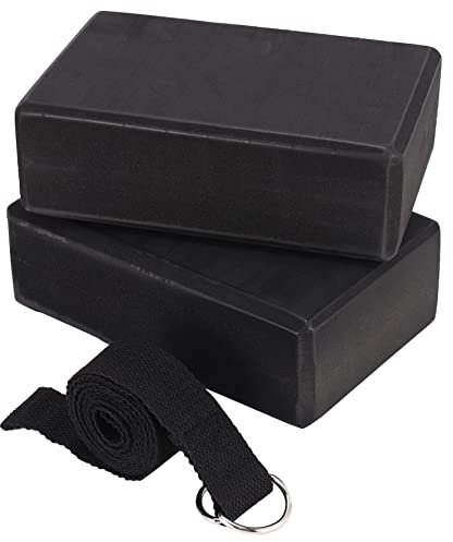 Iunipusy Yoga Block 2er Set und 1.83M Baumwoll Gurt - Eva Schaum Weiche Rutschfeste Blöcke für Universal Dehnung und Tonisieren Trainings - Schwarz