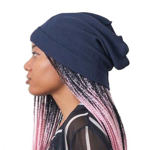 CHARM Herren Damen Dünne Sommer Strick Hut Long XXL Beanie Baumwolle Strickmütze Großer Kopf Waffel Jersey Stoff Navy Dunkel Blau