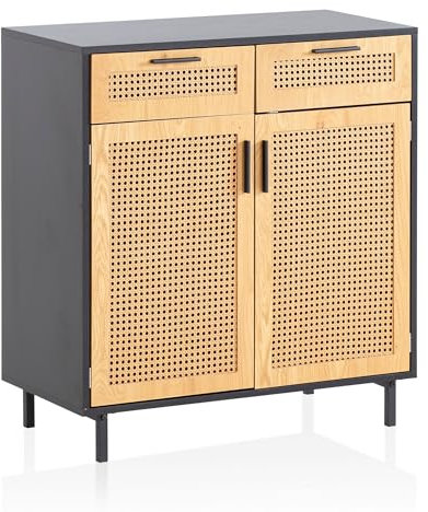 FineBuy Sideboard 80x86,5x40 cm Kommode Schwarz mit Wiener Geflecht, Hoher Kommodenschrank Zeitlos, Standschrank Wohnzimmer mit 2 Türen und Schubladen, Anrichte Rattan