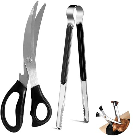 YuanYouTong Heavy Duty Strong Kitchen Scissors and Tongs Set, Stainless Steel Shears and Tongs, Multi-Purpose Ergonomic Design with Non-Slip Grip, for Cutting Meat, Chicken, Vegetables, BBQ, Barbecue