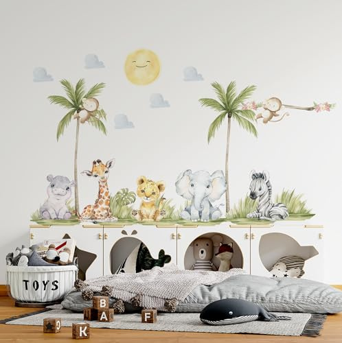 Safari Wandtattoo Kinderzimmer – Tiere Wandsticker Set mit Elefant Giraffe Löwe Zebra, selbstklebend