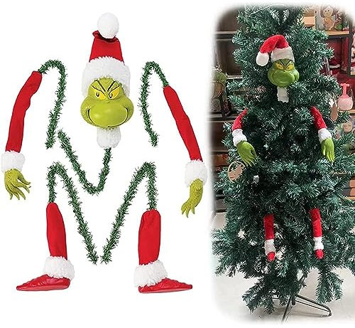 Grinch para Navidad: la decoración navideña para el árbol de Navidad con cabeza y ramas, divertida decoración para el árbol, corona navideña para la puerta, decoración para el árbol de Navidad