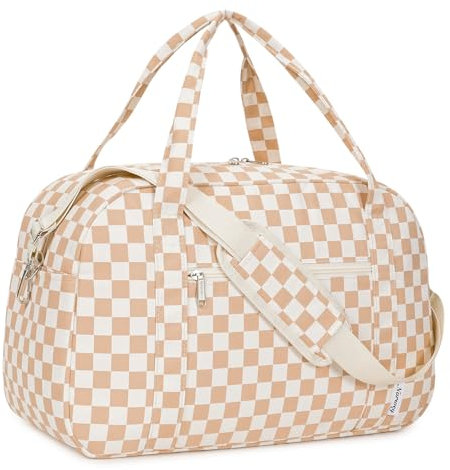 for Easy Jet 45x36x20 Underseat Cabin Bag Travel Duffel Bag with Wet Pocket Weekend Overnight Carry on Luggage for Women and Men 25L (Light Brown Checkerboard)