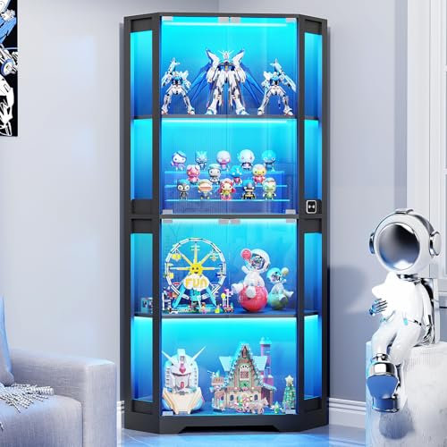 BROTTAR Eckvitrine mit Glastüren, beleuchteter Curio-Schrank mit 3 farbigen Lichtern für Sammlerstücke, 4-stöckige Vitrine mit menschlichem Körpersensor für Spielzeug, Bücher, 165,1 cm, Schwarz