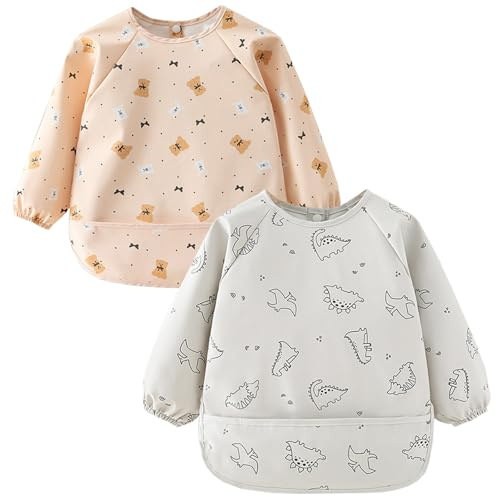 Zonoori Baby Lätzchen mit Ärmel, 2 Pcs PU Wasserdicht Ärmellätzchen, Babylätzchen mit Langen Ärmeln für 6-24 Monate