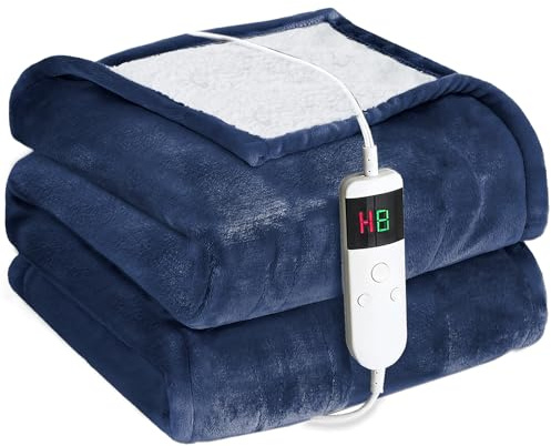 Cushious Heizdecke mit Abschaltautomatik 130x180 cm, 10 Heizstufen & 8-Stunden-Timer, Überhitzungsschutz, Maschinenwaschbar, Flanell-Wärmedecke elektrisch für Bett Sofa und Homeoffice