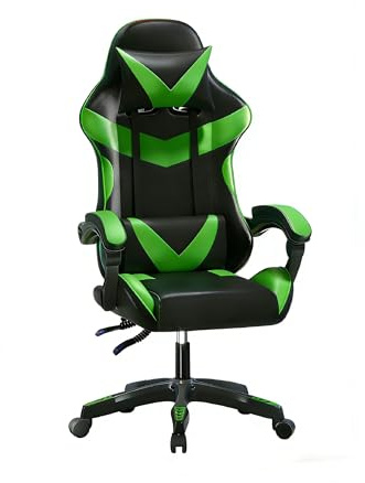 Baroni Home Sedia Gaming con Schienale Ergonomico Inclinabile e Altezza Regolabile, Sedia Ufficio con Supporto Lombare, Poggiatesta Imbottito, 50x62x110-120 cm, Nera e Verde