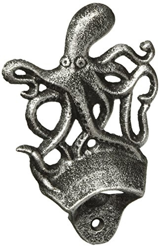 Hampton Nautical K-9116-silver Antique Silver Cast Iron Wall Mounted Octopus Bottle Opener 6 - Vintage Cast Iron Decor - Sea Life