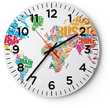 Modern Wanduhr Karte Worte Welt Geographie 30x30cm Rund Klein Wand Uhr Glas Analog Zimmeruhren Küche Büro Wohnzimmer Glasuhr Wall Clock Dekoration Design Wanddekoration Küchenuhr C4AR30x30-2860