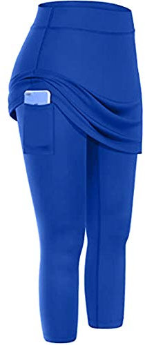 Lazzboy Leggings Damen High Waist Frauen Tennis Rock Taschen Elastic Sports Yoga Capris Röcke Legging Mit Knöchellange Engen Bescheiden Lauf Skort Hockey Hose 2 In 1 (Blau,2XL)