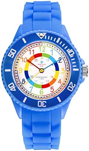 Alienwork Kids Lernuhr Kinderuhr Jungen Mädchen Blau Silikon-Armband Mehrfarbig Kinder-Uhr Wasserdicht 5 ATM Zeit Lernen