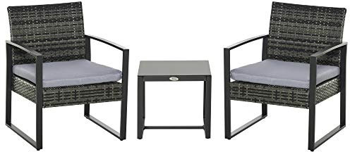 Outsunny Conjunto de Muebles de Ratán de Jardín 3 Piezas Set de Comedor con 1 Mesa 42,5x40x39 cm 2 Sillones 63x57x76 cm Cojín Acolchado para Patio Terraza Balcón Gris