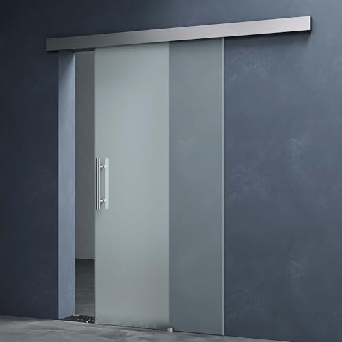 Mai & Mai Porta Scorrevole in Vetro 90x215cm, Porta Scorrevole in Vetro Satinato 8mm con Binario e Maniglia Per Asta, Distanza dal Muro 25mm, Amalfi 14H-900