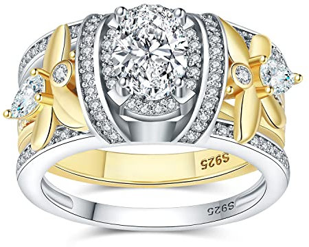 JewelryPalace Bienen Flügel Infinity Oval 1.5ct Zirkonia Halo Promise Ring Damen,Verlobungsring Silber 925 Gold Frauen,Unendlichkeit Simulierter Diamant Hochzeitsring Trauring Ehering Ring Band Set 54