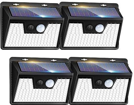 kolpop Lot de 4 Lampe solaire exterieur avec détecteur de mouvement 140 LED, Lumiere solaire sxterieur étanche 3 Modes éclairage extérieur solaire, Lampe solaire sans fil pour jardin terrasse
