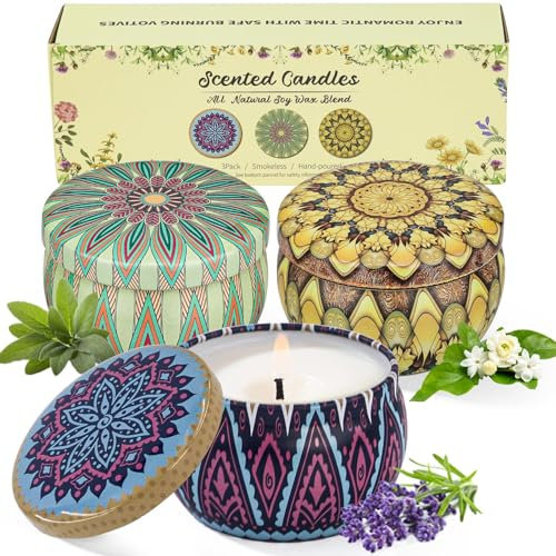 YMing Scented Candles Gifts for Women, 7.4 oz Aromatherapy Candles, Scented Candles Gift Set, Real Soy Wax Portable Travel Tin Candle, 3 Pack Metal, Birthday Gifts for Her