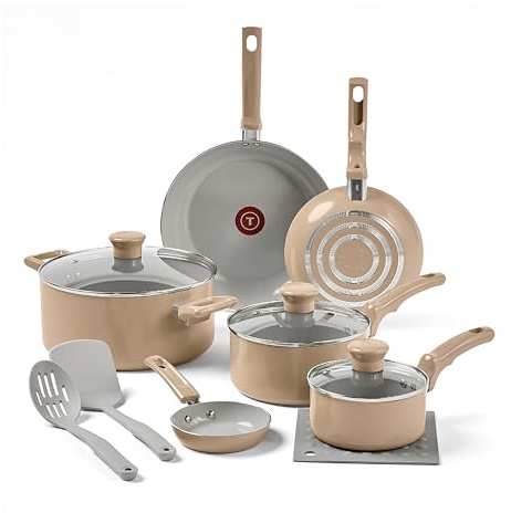 T-fal Refresh Ceramic, Batterie de cuisine antiadhésive en céramique 12 pièces, compatible avec four à griller 350 °C, ensemble de cuisine avec poêle à œufs, poêles, casseroles, cocottes et ustensiles