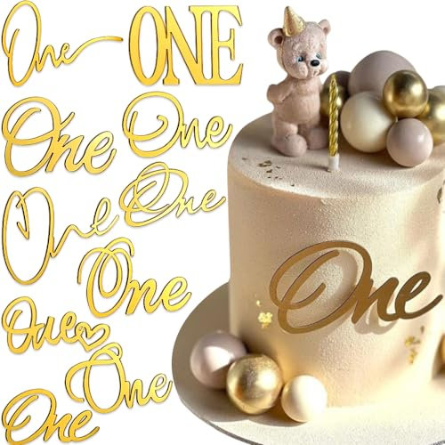10 Stück One Cake Topper Happy Birthday Tortendeko 1. Geburtstag Mädchen Junge Geburtstagsdeko Kuchen Deko Gold Acryl Tortenaufleger One Cupcake Topper Torten Deko Babyparty Deko Torten Zubehör
