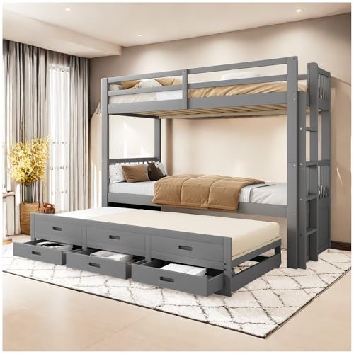 Sapgaks Etagenbett für Kinder mit Ausziehbett und 3 Schubladen, kann in zwei Kinderbetten 90 x 200 cm unterteilt werden, Kinderbett 90 x 200 cm, mit Leiter und Hochgeländer (B-Grau)