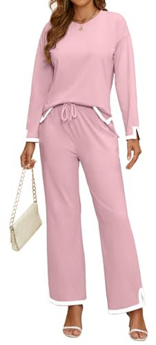 IFFEI Zweiteiler Damen Hausanzug Strick Lounge Set mit Langarm Rundhals Pullover und Lange Hose Freizeitanzug Tracksuit 2 Teiler Set Outfit Rosa X-Large