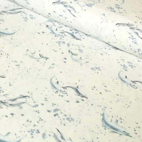 Stoff Meterware Kinderstoff Jerseystoff - 1 Meter, Jersey, Nähen, Kinder, Baby, Jungen, Mädchen, Bekleidung, Shirt (Delfin Finn Creme)