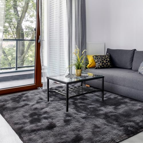 SOANNY Hochflor Wohnzimmer Teppich, Waschbar Anti-Rutsch & Flauschig, Tie-Dye Langflor Shaggy Teppiche für Schlafzimmer & Kinderzimmer, Bettvorleger Matte, 140 x 200 cm, Dunkelgrau