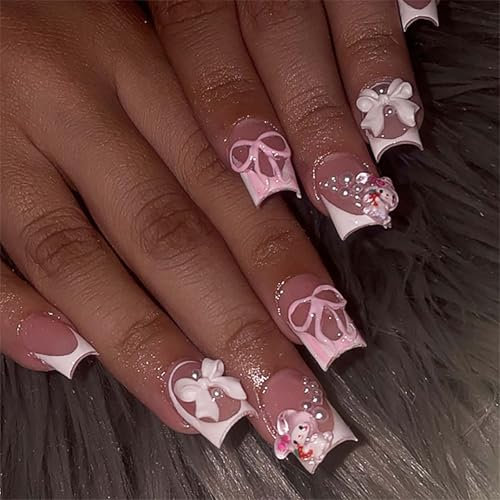 French Tip False Nails - 24PCS Square Press on Nails - Pink Long Stick on Nails with French Tip - 3D Bowknot Pattern Cartoon Design Nail Art Glossy Full Cover False Nails with Glue