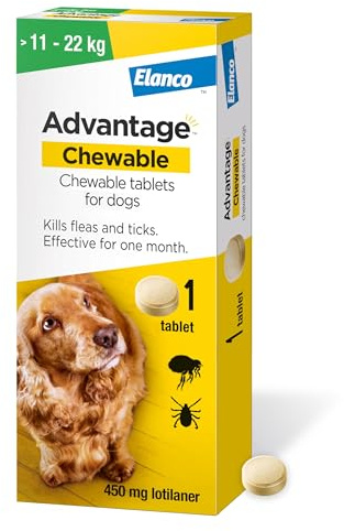Advantage Chewable 450mg Chewable Tablets for Dogs >11-22kg (1 pack), Flea and Tick Treatment, Fast Acting Kills Fleas Within Hours, Prevention Lasts For A Month, Easy To Administer