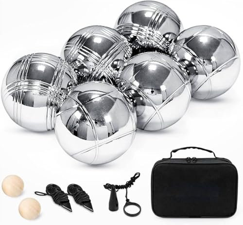 Generisch Boccia Kugeln, Boule Set, 6 Boule Kugeln Aus Edelstahl, Boccia Set mit 2 Zielkugeln, 2 Distanzmesser, 1 Ballabsauger, Inkl. Oxford-Tragetasche, Boccia Spiel für Outdoor, Garten Ab 6 Jahren