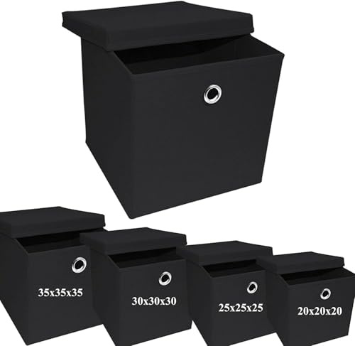 A406 3x Foldable Storage Boxes with Lid Storage Basket with Lid Fabric Cubes with Handles Collapsible Fabric Organiser Clothes Storage Box (Black, 27x27x27cm)