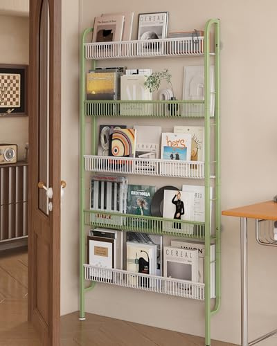UMDONX Narrow Metal Storage Shelf Behind Door Book Organiser 5 Tier | Bookshelf Bookcase Book Rack, Bathroom Slim Shelving Unit, Green 82x9x160cm